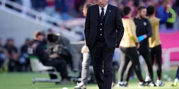 BARCELONA, SPAIN - MAY 11: Carlo Ancelotti, Head Coach of Real Madrid, looks on during the LaLiga match between FC Barcelona and Real Madrid CF at Estadi Olimpic Lluis Companys on May 11, 2025 in Barcelona, Spain. (Photo by Alex Caparros/Getty Images)