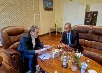 ROME, ITALY - MAY 23: (----EDITORIAL USE ONLY - MANDATORY CREDIT - 'IRANIAN FOREIGN MINISTRY / HANDOUT' - NO MARKETING NO ADVERTISING CAMPAIGNS - DISTRIBUTED AS A SERVICE TO CLIENTS----) Iranian Foreign Minister Abbas Araghchi (L) meets with Omani Foreign Minister Badr bin Hamad al-Busaidi (R) as part of the fifth round of nuclear talks between Iran and the United States in Rome, Italy on May 23, 2025. (Photo by Iranian Foreign Ministry / Handout/Anadolu via Getty Images)