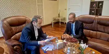 ROME, ITALY - MAY 23: (----EDITORIAL USE ONLY - MANDATORY CREDIT - 'IRANIAN FOREIGN MINISTRY / HANDOUT' - NO MARKETING NO ADVERTISING CAMPAIGNS - DISTRIBUTED AS A SERVICE TO CLIENTS----) Iranian Foreign Minister Abbas Araghchi (L) meets with Omani Foreign Minister Badr bin Hamad al-Busaidi (R) as part of the fifth round of nuclear talks between Iran and the United States in Rome, Italy on May 23, 2025. (Photo by Iranian Foreign Ministry / Handout/Anadolu via Getty Images)
