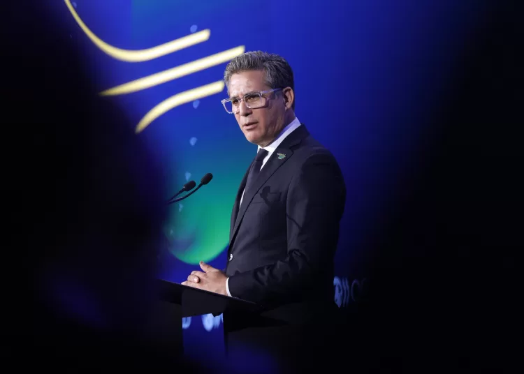Costa Rica's Foreign Trade minister Manuel Tovar delivers a speech during the opening session of the OECD ministerial Council meeting at OECD headquarters in Paris, on June 3, 2025 (Photo by GEOFFROY VAN DER HASSELT / AFP)