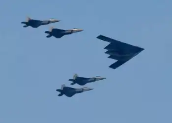 BAYONNE, NJ - JULY 4: A B2 bomber leads a group of fighter jets during a military flyover as part of Independence Day festivities on July 4, 2020 as seen from Bayonne, New Jersey. (Photo by Gary Hershorn/Getty Images)
