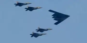 BAYONNE, NJ - JULY 4: A B2 bomber leads a group of fighter jets during a military flyover as part of Independence Day festivities on July 4, 2020 as seen from Bayonne, New Jersey. (Photo by Gary Hershorn/Getty Images)