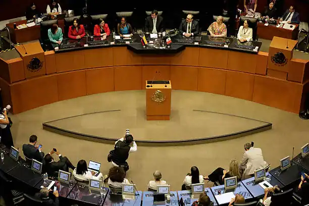 KOLKATA, MEXICO - 2025/04/10: Vice President of Colombia, Francia Marquez Mina (4th from left), accompanied by the President of the Mexican Senate, Gerardo Fernandez Noroña (c), during the solemn session in the Chamber of Senators of the Congress of the Union. (Photo by Luis Barron/Eyepix Group/LightRocket via Getty Images)