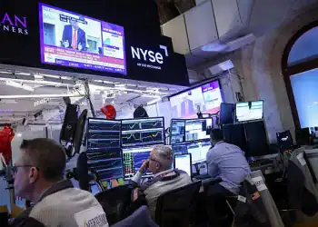 A tv broadcasts US President Donald Tump on the floor of the New York Stock Exchange (NYSE) in New York, US, on Thursday, June 5, 2025. Circle shares surged as much as 235% after the company and some of its shareholders raised nearly $1.1 billion in an initial public offering that was upsized twice amid strong demand. Photographer: Michael Nagle/Bloomberg via Getty Images