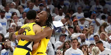 OKLAHOMA CITY, OKLAHOMA - JUNE 05: Tyrese Haliburton #0 of the Indiana Pacers congratulated by Aaron Nesmith #23 after scoring a basket against the Oklahoma City Thunder during the fourth quarter in Game One of the 2025 NBA Finals at Paycom Center on June 05, 2025 in Oklahoma City, Oklahoma. NOTE TO USER: User expressly acknowledges and agrees that, by downloading and or using this photograph, User is consenting to the terms and conditions of the Getty Images License Agreement. (Photo by Matthew Stockman/Getty Images)