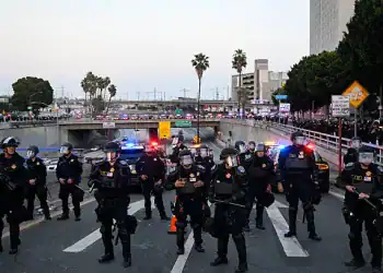 LOS ANGELES, CALIFORNIA - JUNE 10: California Highway Patrol officers and police are seen as curfew was declared by Governor Newsom between 8.00PM to 6:00AM after mass anti-ICE protest in Los Angeles, California on June 10, 2025 amid protests over immigration raids. (Photo by Tayfun Coskun/Anadolu via Getty Images)