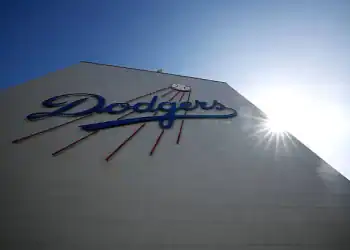 LOS ANGELES, CALIFORNIA - JUNE 19: The Los Angeles Dodgers logo is seen on the top deck elevator before a game against the San Diego Padres4 at Dodger Stadium on June 19, 2025 in Los Angeles, California. (Photo by Ronald Martinez/Getty Images)