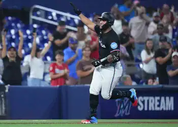 MIAMI, FLORIDA - JUNE 20: Agustín Ramírez #50 of the Miami Marlins rounds the bases after hitting a three-run home run against the Atlanta Braves during the third inning at loanDepot park on June 20, 2025 in Miami, Florida. (Photo by Rich Storry/Getty Images)