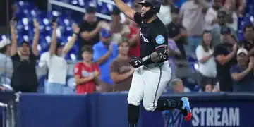 MIAMI, FLORIDA - JUNE 20: Agustín Ramírez #50 of the Miami Marlins rounds the bases after hitting a three-run home run against the Atlanta Braves during the third inning at loanDepot park on June 20, 2025 in Miami, Florida. (Photo by Rich Storry/Getty Images)