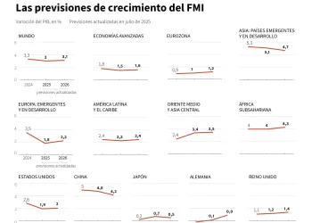 Previsiones económicas del Fondo Monetario Internacional (FMI) para 2025 y 2026, actualizadas en el mes de julio de 2025, en una selección de regiones y de países del mundo / AFP / Jean-Michel CORNU