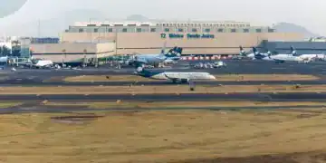 View from landing plane of Terminal two, T2 building, Benito Juarez International airport, Mexico City, Mexico. (Photo by: Geography Photos/Universal Images Group via Getty Images)