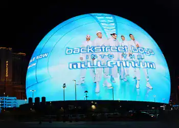LAS VEGAS, NEVADA- MARCH 12: An advertisement for the Backstreet Boys: Into The Millennium concert is displayed on the Sphere, a music and entertainment venue,  on March 12, 2025 in Las Vegas, Nevada. (Photo by Kevin Carter/Getty Images)