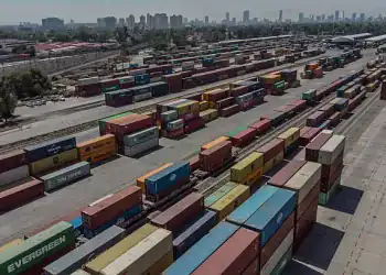 Shipping containers at the Pantaco Intermodal Terminal in Mexico City, Mexico, on Monday, April 14, 2025. Railroad shares and multiples have been sliding this year as tariffs and other protectionist measures are posing threats to volumes and earnings. Photographer: Alejandro Cegarra/Bloomberg via Getty Images