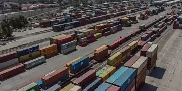 Shipping containers at the Pantaco Intermodal Terminal in Mexico City, Mexico, on Monday, April 14, 2025. Railroad shares and multiples have been sliding this year as tariffs and other protectionist measures are posing threats to volumes and earnings. Photographer: Alejandro Cegarra/Bloomberg via Getty Images