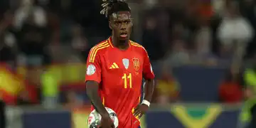 STUTTGART, GERMANY - JUNE 05: Nico Williams of Spain looks on during the UEFA Nations League 2025 semifinal match between Spain and France at Stuttgart Arena on June 05, 2025 in Stuttgart, Germany. (Photo by Alexander Hassenstein/Getty Images)