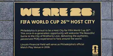 PHILADELPHIA, PENNSYLVANIA - JUNE 26: A plaque / sign outside Lincoln Financial Field explaining that Philadelphia will be a host city for the FIFA World Cup 2026 during the FIFA Club World Cup 2025 group H match between FC Red Bull Salzburg and Real Madrid CF at Lincoln Financial Field on June 26, 2025 in Philadelphia, Pennsylvania. (Photo by Robbie Jay Barratt - AMA/Getty Images)