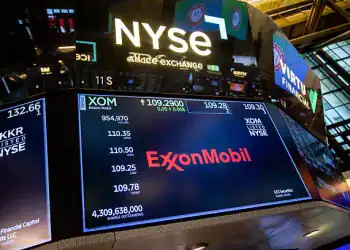 Exxon Mobil Corp. signage on the floor of the New York Stock Exchange (NYSE) in New York, US, on Wednesday, July 2, 2025. US stocks were flat, erasing pre-market losses after a report showing an unexpected decline in employment raised concerns of slowing economic growth ahead of a more widely followed gauge of labor due Thursday. Photographer: Michael Nagle/Bloomberg via Getty Images