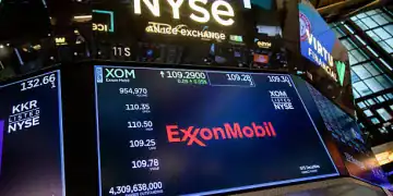 Exxon Mobil Corp. signage on the floor of the New York Stock Exchange (NYSE) in New York, US, on Wednesday, July 2, 2025. US stocks were flat, erasing pre-market losses after a report showing an unexpected decline in employment raised concerns of slowing economic growth ahead of a more widely followed gauge of labor due Thursday. Photographer: Michael Nagle/Bloomberg via Getty Images