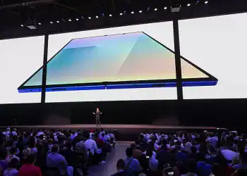 A Samsung Galaxy Z Fold 7 on screen during Galaxy Unpacked at the Brooklyn Navy Yard in New York, US, on Wednesday, July 9, 2025. Samsung Electronics Co. unveiled two upgraded smartwatches and new artificial intelligence software in its latest attempt to stand out in a crowded market led by Apple. Photographer: Michael Nagle/Bloomberg via Getty Images