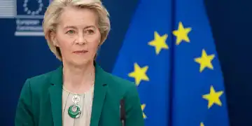 BRUSSELS, BELGIUM - JULY 13: President of the European Commission Ursula von der Leyen and the President of Indonesia (Unseen) are talking to media at the end of a bilateral meeting in the Berlaymont, the EU Commission headquarter on July 13, 2025 in Brussels, Belgium. The discussions focused on Donald Trump, who announced 30% surcharges for the European Union and Mexico starting from August 1st. (Photo by Thierry Monasse/Getty Images)