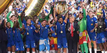 NEW JERSEY, UNITED STATES - JULY 13: Chelsea players celebrate the victory after winning the FIFA Club World Cup 2025 final match between Chelsea FC and Paris Saint-Germain at MetLife Stadium on July 13, 2025 in East Rutherford, United States. (Photo by Selcuk Acar/Anadolu via Getty Images)