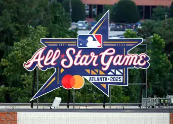 ATLANTA, GA - JULY 14: A view of the All-Star Game logo in the outfield during the 2025 T-Mobile Home Run Derby at Truist Park on Monday, July 14, 2025 in Atlanta, Georgia. (Photo by Todd Kirkland/MLB Photos via Getty Images)