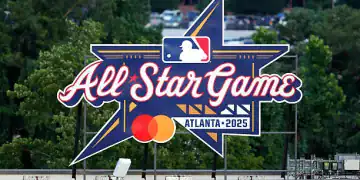 ATLANTA, GA - JULY 14: A view of the All-Star Game logo in the outfield during the 2025 T-Mobile Home Run Derby at Truist Park on Monday, July 14, 2025 in Atlanta, Georgia. (Photo by Todd Kirkland/MLB Photos via Getty Images)
