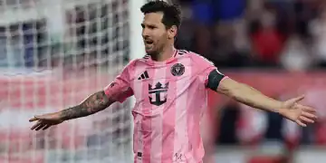 HARRISON, NEW JERSEY - JULY 19: Lionel Messi #10 of Inter Miami CF celebrates after scoring the team's fourth goal during the MLS match between New York Red Bulls and Inter Miami CF at Sports Illustrated Stadium on July 19, 2025 in Harrison, New Jersey. (Photo by Ira L. Black/Getty Images)