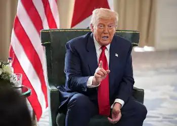 TURNBERRY, SCOTLAND - JULY 28: U.S. President Donald Trump gestures as he meets British Prime Minister Keir Starmer for bilateral talks at Trump Turnberry golf club on July 28, 2025 in Turnberry, Scotland. The pair are meeting at Turnberry before traveling together to Aberdeenshire to have a private dinner at another Trump-owned golf club. President Trump is visiting Scotland in a trip that’s part-vacation, part-work, as he stays at his Trump Turnberry golf course, followed by the Trump International Golf Links in Aberdeenshire, between July 25 to 29. (Photo by Andrew Harnik/Getty Images)