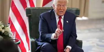 TURNBERRY, SCOTLAND - JULY 28: U.S. President Donald Trump gestures as he meets British Prime Minister Keir Starmer for bilateral talks at Trump Turnberry golf club on July 28, 2025 in Turnberry, Scotland. The pair are meeting at Turnberry before traveling together to Aberdeenshire to have a private dinner at another Trump-owned golf club. President Trump is visiting Scotland in a trip that’s part-vacation, part-work, as he stays at his Trump Turnberry golf course, followed by the Trump International Golf Links in Aberdeenshire, between July 25 to 29. (Photo by Andrew Harnik/Getty Images)
