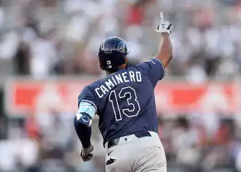 NEW YORK, NEW YORK - JULY 28: Junior Caminero #13 of the Tampa Bay Rays reacts as he rounds the bases after hitting a two run home run against the New York Yankees in the first inning at Yankee Stadium on July 28, 2025 in New York City. (Photo by Ezra Shaw/Getty Images)