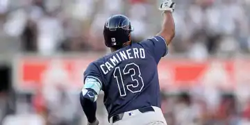 NEW YORK, NEW YORK - JULY 28: Junior Caminero #13 of the Tampa Bay Rays reacts as he rounds the bases after hitting a two run home run against the New York Yankees in the first inning at Yankee Stadium on July 28, 2025 in New York City. (Photo by Ezra Shaw/Getty Images)
