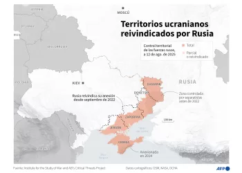 Mapa de Ucrania localizando los territorios reivindicados por Rusia en el país (Donetsk, Lugansk, Zaporiyia y Jersón) y Crimea (anexada en 2014), así como el avance de las tropas rusas, según datos del Instituto para el Estudio de la Guerra (ISW) y AEI's Critical Threats Project al 12 de agosto DE 2025 (Infografía de Guillermo RIVAS PACHECO y Jean-Michel CORNU / AFP)