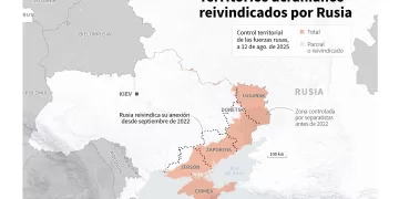 Mapa de Ucrania localizando los territorios reivindicados por Rusia en el país (Donetsk, Lugansk, Zaporiyia y Jersón) y Crimea (anexada en 2014), así como el avance de las tropas rusas, según datos del Instituto para el Estudio de la Guerra (ISW) y AEI's Critical Threats Project al 12 de agosto DE 2025 (Infografía de Guillermo RIVAS PACHECO y Jean-Michel CORNU / AFP)