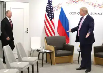 OSAKA, JAPAN - JUNE 28: (----EDITORIAL USE ONLY  MANDATORY CREDIT - "KREMLIN PRESS OFFICE  / HANDOUT" - NO MARKETING NO ADVERTISING CAMPAIGNS - DISTRIBUTED AS A SERVICE TO CLIENTS----) US President Donald Trump (R) meets Russian President Vladimir Putin (L) on the first day of the G20 summit in Osaka, Japan on June 28, 2019. (Photo by Kremlin Press Office / Handout/Anadolu Agency/Getty Images)