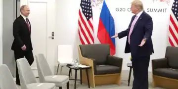 OSAKA, JAPAN - JUNE 28: (----EDITORIAL USE ONLY  MANDATORY CREDIT - "KREMLIN PRESS OFFICE  / HANDOUT" - NO MARKETING NO ADVERTISING CAMPAIGNS - DISTRIBUTED AS A SERVICE TO CLIENTS----) US President Donald Trump (R) meets Russian President Vladimir Putin (L) on the first day of the G20 summit in Osaka, Japan on June 28, 2019. (Photo by Kremlin Press Office / Handout/Anadolu Agency/Getty Images)