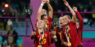 Spanish players celebrates victory after the FIFA Women's World Cup Australia & New Zealand 2023 Final match between Spain and England at Stadium Australia on August 20, 2023 in Sydney, Australia. (Photo by Jose Breton/Pics Action/NurPhoto via Getty Images)