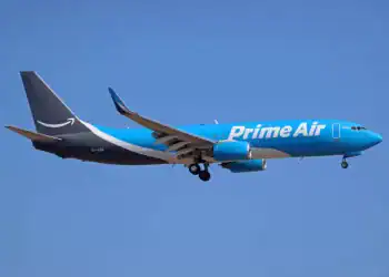 A Boeing 737-86Q(SF) from Amazon Prime Air is landing at Barcelona Airport in Barcelona, Spain, on June 25, 2023. (Photo by Urbanandsport/NurPhoto via Getty Images)