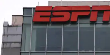 The logo of the television network ESPN is seen outside its facilities in Mexico City, Mexico, on August 31, 2024. (Photo by Jose Luis Torales/NurPhoto via Getty Images)