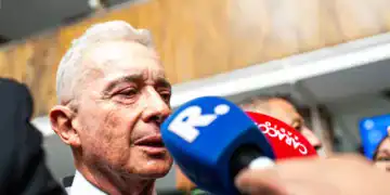 Former colombian president Alvaro Uribe Velez speaks to the media during the trial for witness manipulation to former president of Colombia Alvaro Uribe Velez, in Bogota, Colombia,February 10, 2025. (Photo by: Mapu H./Long Visual Press/Universal Images Group via Getty Images)