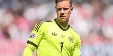 STUTTGART, GERMANY - JUNE 08: Marc-Andre ter Stegen of Germany reacts during the UEFA Nations League 2025 third place match between Germany and France at Stuttgart Arena on June 08, 2025 in Stuttgart, Germany. (Photo by Alex Grimm/Getty Images)