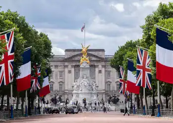 British Union Flags alongside the French Tricolore are installed along The Mall looking towards Buckingham Palace prior to the state visit by the French President on 7th July 2025 in London, United Kingdom. (photo by Mike Kemp/In Pictures via Getty Images)