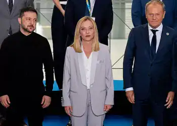 Ukraine's President Volodymyr Zelenskyy and Italian Council President Giorgia Meloni stand for the family photo at the reconstruction conference for Ukraine. After Switzerland, the UK, and Germany, Italy hosts the international meeting to provide aid to the country attacked by Russia. (Photo by Massimo Valicchia/NurPhoto via Getty Images)