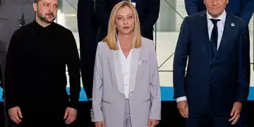 Ukraine's President Volodymyr Zelenskyy and Italian Council President Giorgia Meloni stand for the family photo at the reconstruction conference for Ukraine. After Switzerland, the UK, and Germany, Italy hosts the international meeting to provide aid to the country attacked by Russia. (Photo by Massimo Valicchia/NurPhoto via Getty Images)