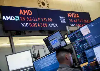 Advanced Micro Devices Inc. and Nvidia Corp. signage on an options contract ticker on the floor of American Stock Exchange (AMEX) at the New York Stock Exchange (NYSE) in New York, US, on Thursday, July 10, 2025. US equities swung between small gains and losses at the open Thursday as investors parsed through a slew of tariff headlines and looked ahead to corporate results that are due to start in the earnest next week. Photographer: Michael Nagle/Bloomberg via Getty Images