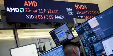 Advanced Micro Devices Inc. and Nvidia Corp. signage on an options contract ticker on the floor of American Stock Exchange (AMEX) at the New York Stock Exchange (NYSE) in New York, US, on Thursday, July 10, 2025. US equities swung between small gains and losses at the open Thursday as investors parsed through a slew of tariff headlines and looked ahead to corporate results that are due to start in the earnest next week. Photographer: Michael Nagle/Bloomberg via Getty Images