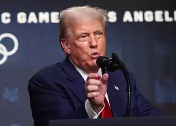 WASHINGTON, DC - AUGUST 05: U.S. President Donald Trump speaks to reporters after signing an executive order during a ceremony in the South Court Auditorium in the Eisenhower Executive Office Building on August 5, 2025 in Washington, DC. The executive order creates a White House task force to help coordinate logistical issues related to the 2028 Summer Olympic Games in Los Angeles including security, visas for athletes and coaches and transportation. (Photo by Win McNamee/Getty Images)