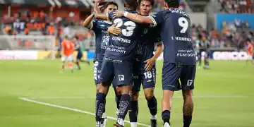 HOUSTON, TEXAS - AUGUST 05: Luis Quinones #23 of CF Pachuca celebrates his goal with teammates during the first half of the Leagues Cup Phase One match between Houston Dynamo FC and CF Pachuca at Shell Energy Stadium on August 05, 2025 in Houston, Texas. (Photo by Alex Slitz - Leagues Cup/MLS via Getty Images)