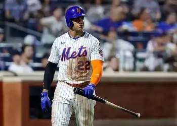 NEW YORK, NEW YORK - AUGUST 05:  Juan Soto #22 of the New York Mets walks back to the dugout after striking out during the eighth inning against the Cleveland Guardians at Citi Field on August 05, 2025 in New York City. (Photo by Jim McIsaac/Getty Images)