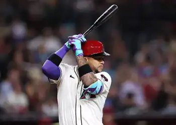 PHOENIX, ARIZONA - AUGUST 05: Ketel Marte #4 of the Arizona Diamondbacks bats during the game against the San Diego Padres at Chase Field on August 05, 2025 in Phoenix, Arizona. (Photo by Chris Coduto/Getty Images)